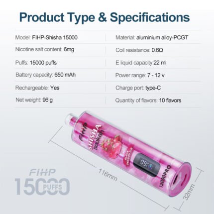 FIHP Shisha Hookah 15000 Pro Puffs 22ml E Liquid Capacity for Extended Vaping Sessions