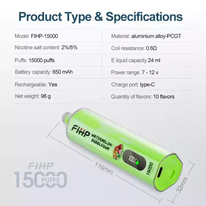 FIHP Shisha Hookah 15000 Puffs 22ml E liquid Capacity for an Extended Vaping Experience