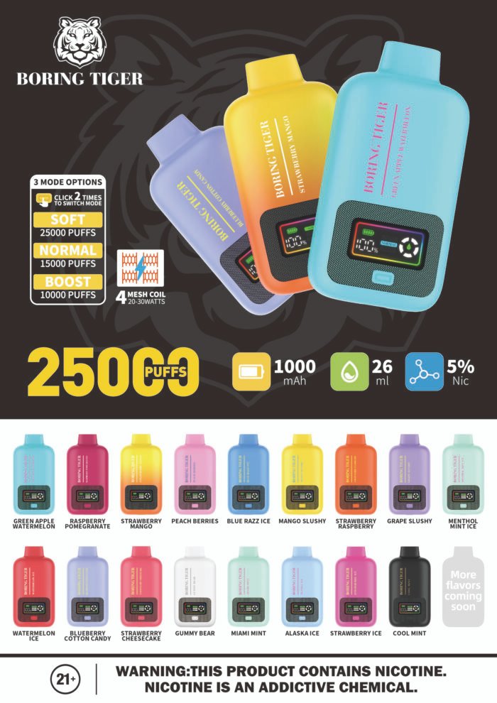 Features: 50mg Nicotine Salt 26ML of E-liquid 4 Mesh Coil 3 Modes Soft-Normal-Boost Dual 1ohm Mesh Coils 1000mAh Battery TYPE-C Charging Port 17 Flavors Available Flavor： Green Apple Watermelon, Raspberry Pomegranate, Strawberry Mango, Peach Berries, Blue Razz Ice, Watermelon Ice, Blueberry Cotton Candy, Strawberry Cheesecake, Gummy Bear, Miami Mint, Mango Slushy, Strawberry Raspberry, Grape Slushy, Alaska Ice, Strawberry Ice, Cool Mint, Menthol Mint Ice